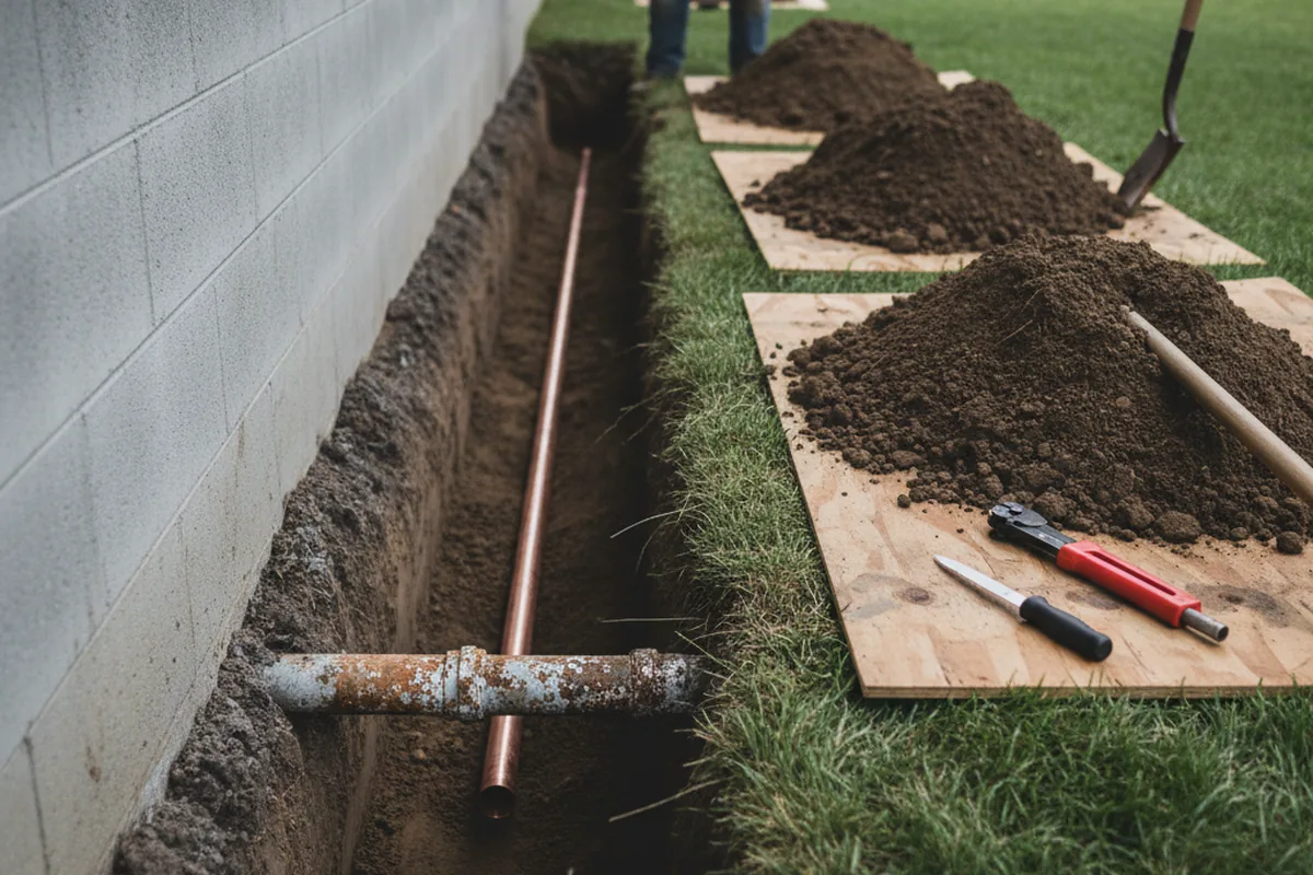 Excavated water line trench during Water Softener Installation in New Site